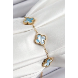 316L Çelik Mavi Sedef Yonca Model Gold Renk Kadın Bileklik