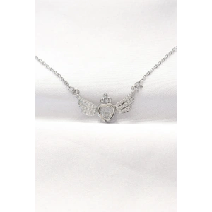 316L Çelik Silver Renk Zirkon Taşlı Kalpli Kanat Kolye