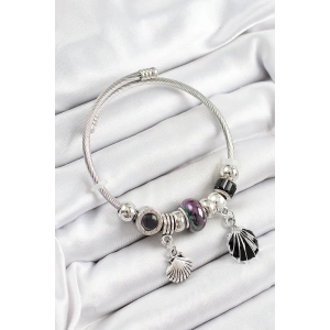 316L Çelik Siyah İstiridye Model Gümüş Renk Charm Bileklik