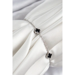 316L Çelik Siyah Sedef Yonca Model Gümüş Renk Kadın Bileklik