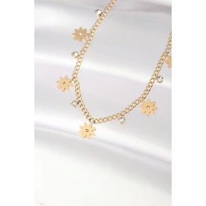 316L Çelik Taşlı Gold Renk Çoklu Çiçek Kolye