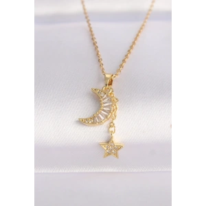 316L Çelik Zincir Altın Renk Zirkon Taşlı Ay Yıldız Kolye