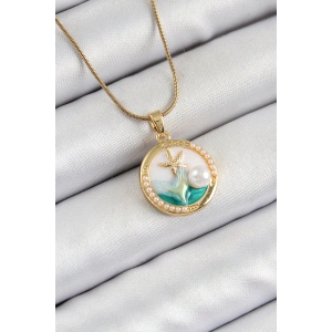 316L Çelik Zincir Beyaz Mineli Sanatsal Portre İnci Detaylı Deniz Yılıdızı Model Gold Renk Kadın Kolye