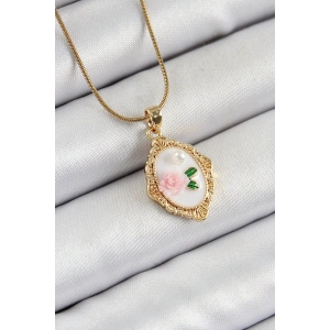 316L Çelik Zincir Beyaz Sanatsal Portre İnci Detaylı Gül Figürlü Model Gold Renk Kadın Kolye