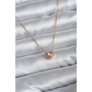 316L Çelik Zincir Gold Renk Pembe Zirkon Taşlı Charm Kadın Kolye