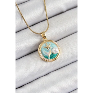 316L Çelik Zincir Turkuaz Mineli Sanatsal Portre İnci Detaylı Deniz Yılıdızı Model Gold Renk Kadın Kolye