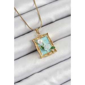 316L Çelik Zincir Turkuaz Sanatsal Portre İnci Detaylı Gül Figürlü Model Gold Renk Kadın Kolye