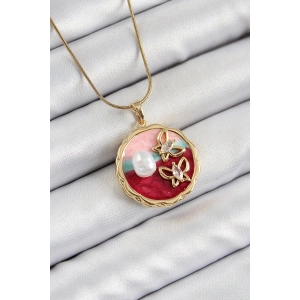 316L Çelik Zincir Zirkon Taşlı Asorti Sanatsal Portre İnci Detaylı Kelebek Figürlü Model Gold Renk Kadın Kolye