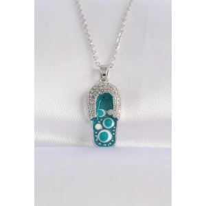 316L Çelik Zincir Zirkon Taşlı Gümüş Renk Nazarlı Terlik Tasarımlı Kolye