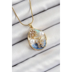316L Çelik Zincir Zirkon Taşlı Mavi Beyaz Sanatsal Portre İnci Detaylı Ağaç Ve Kelebek Figürlü Model Gold Renk Kadın Kolye