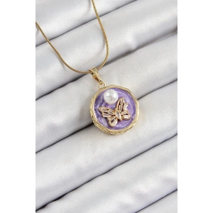 316L Çelik Zincir Zirkon Taşlı Mor Sanatsal Portre İnci Detaylı Kelebek Model Gold Renk Kadın Kolye