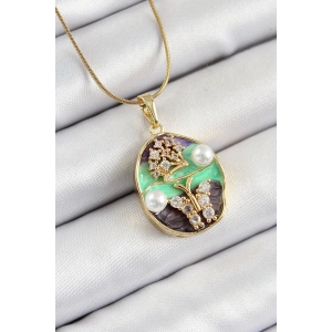 316L Çelik Zincir Zirkon Taşlı Yeşil Mor Sanatsal Portre İnci Detaylı Ağaç Ve Kelebek Figürlü Model Gold Renk Kadın Kolye