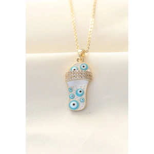 316L Zinciri Çelik Zirkon Taşlı Gold Renk Nazar Boncuklu Terlik Kolye