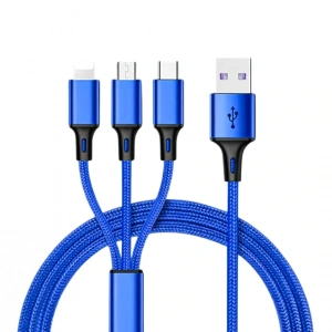 3IN1 MAVİ 1.2 METRE (MICRO USB - LIGHTNING - TYPE C) TELEFON ŞARJ KABLOSU (5047)