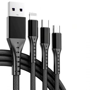 3IN1 SİYAH 1.2 METRE (MICRO USB - LIGHTNING - TYPE C) TELEFON ŞARJ KABLOSU (5047)