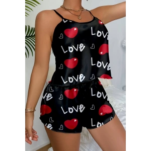 Aşk Temalı Kalp Desenli Siyah Saten Şortlu Gecelik Takım