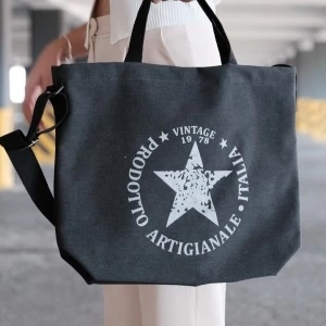 Kanvas Çapraz Askılı Tote Çanta Siyah Yıldız Desen