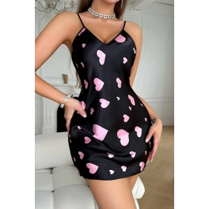 Pembe Kalp Desenli Siyah Saten Gecelik