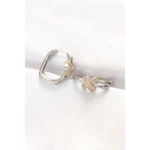 Pirinç Çift Renk Taşlı X Tasarımlı Dikdörtgen Küpe