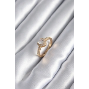 Pirinç Gold Renk Zirkon Taşlı Kalp Charm Model Kadın Yüzük