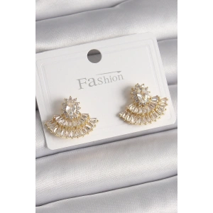 Pirinç Gold Renk Zirkon Taşlı Yelpaze Model Kadın Küpe