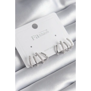 Pirinç Gümüş Renk Zirkon Taşlı Çatal Model Kadın Küpe