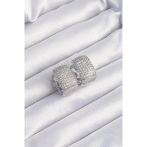 Pirinç Gümüş Renk Zirkon Taşlı Minimal Halka Küpe