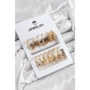 Pirinç Karışık Halka Model Gold Renk 6 Çift Kadın Küpe Set