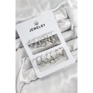 Pirinç Karışık Halka Model Gümüş Renk 6 Çift Kadın Küpe Set