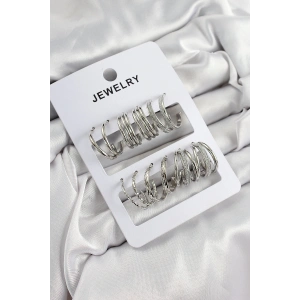 Pirinç Karışık Halka Model Gümüş Renk 6 Çift Kadın Küpe Set