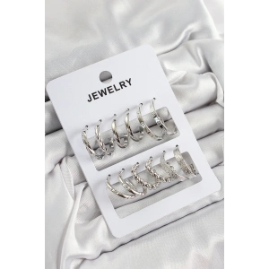 Pirinç Karışık Halka Model Gümüş Renk 6 Çift Kadın Küpe Set