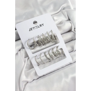 Pirinç Karışık Halka Model Gümüş Renk 6 Çift Kadın Küpe Set