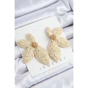 Yarım Çiçek Model Bej Renk Kadın Hasır Küpe