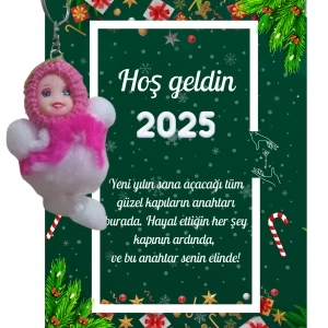 Yeni Yıl Kart Üzerinde Anahtarlık (Kişiye Özel Yazı Yazdırılabilir) Peluş Bebek 5 adet