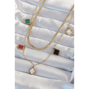 316L Çelik Gold Renk İtalyan Zincirli Renkli Mineli Çoklu Yonca Kolye