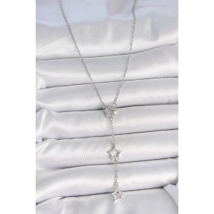 316L Çelik Gümüş Renk Zincir Zirkon Taşlı Yıldız Y Model Kadın Kolye