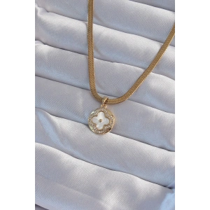 316L Çelik İtalyan Zincirli Gold Renk Zirkon Taşlı Sedefli Yonca Model Kolye