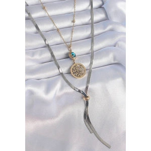 316L Çelik Mix Renk Filiz Figür Nazar Boncuk Detay Uzun Kadın Kolye