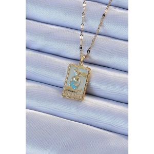 316L Çelik Zincir Altın Renk Mavi Mineli Tarot Kolye
