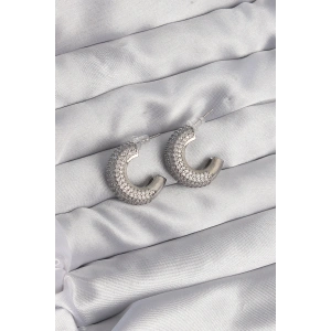 Pirinç Gümüş Renk Zirkon Taşlı Yarım Halka Küpe