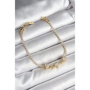 Pirinç Sıralı Kalp Figürlü Zirkon Taşlı Gold Renk Kadın Bileklik