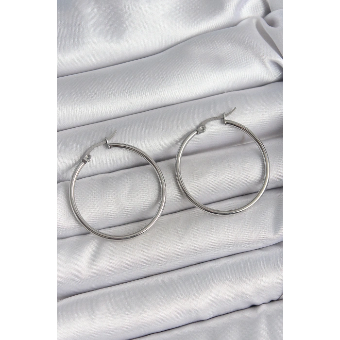 316 Çelik Gümüş Renk 33 mm Halka Model Kadın Küpe