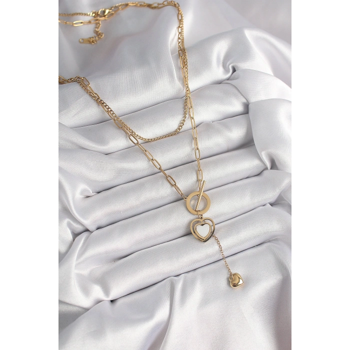 316L Çelik Gold Renk 2Li Zincir Model Sallantı Detay Kadın Kolye
