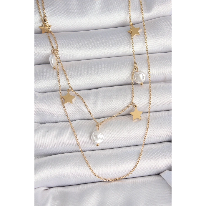 316L Çelik Gold Renk 2Li Zincir Sallantı Yıldız İnci Model Kadın Kolye