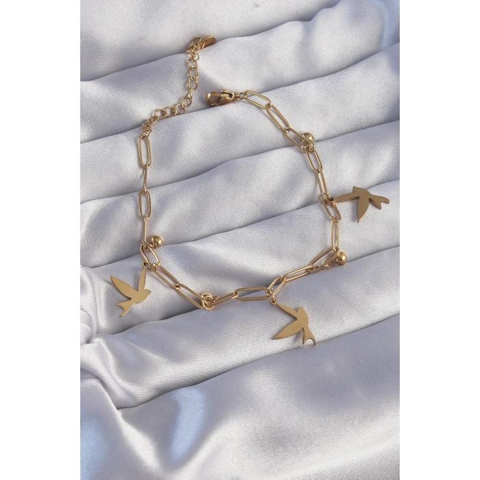 316L Çelik Gold Renk Kuş Tasarımlı Topçuk Detay Zincir Bileklik