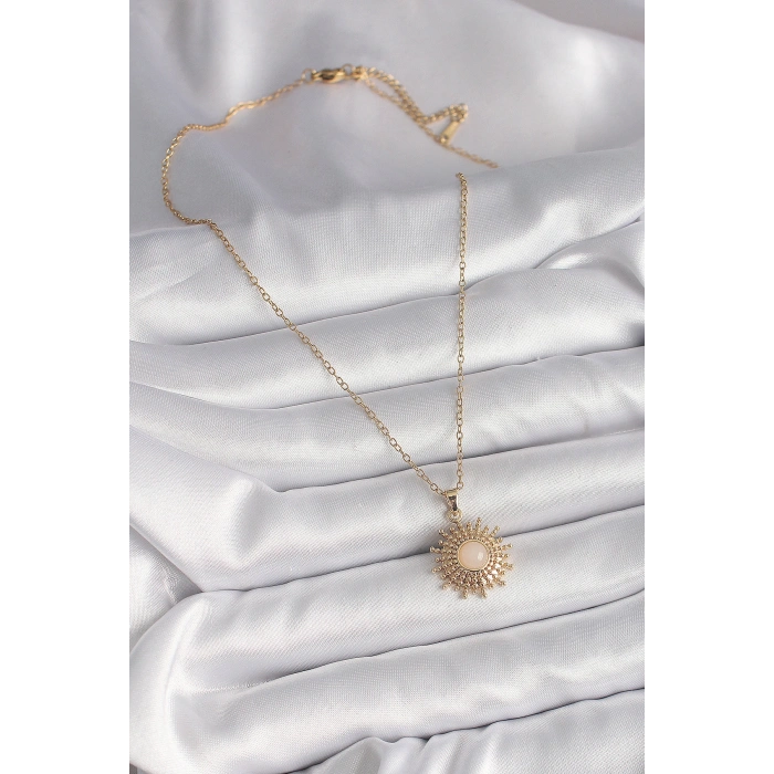 316L Çelik Gold Renk Zincir Beyaz Mineli Güneş Model Kadın Kolye