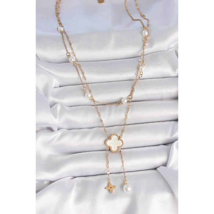 316L Çelik Gold Renk Zincir Beyaz Yonca Figür Sallantı Çiçek İnci Detay Kadın Kolye