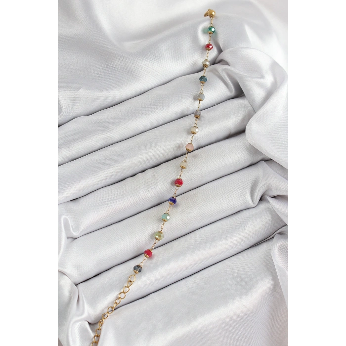 316L Çelik Gold Renk Zincirli Mix Renk Kristal Taşlı Kadın Bileklik