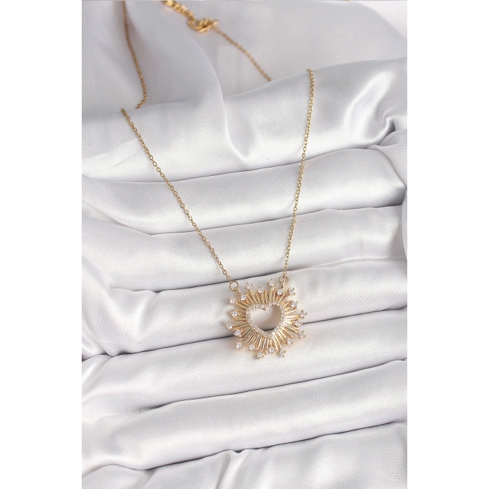 316L Çelik Gold Renk Zirkon Taşlı Kalp Model Kadın Kolye