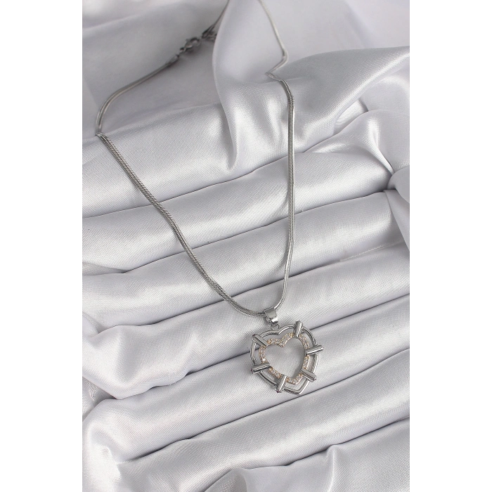 316L Çelik Gümüş Renk İtalyan Zincir Mix Renk Zirkon Taş Detay Kalp Model Kadın Kolye
